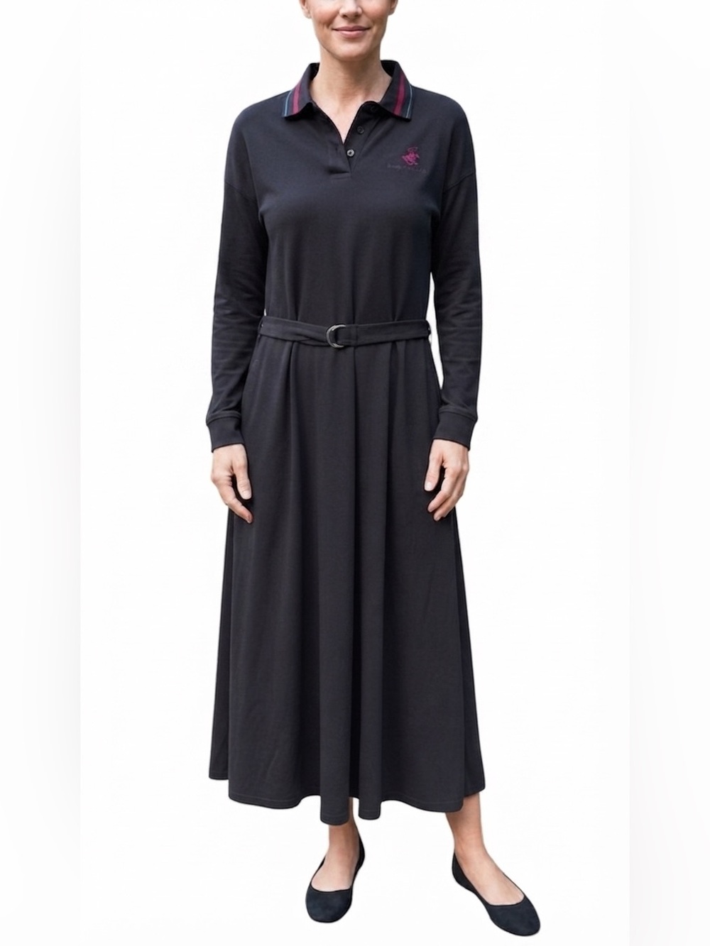 Beverly Hills Polo Club Woman’s Belted Long Sleeve Maxi Polo Dress Black Medium